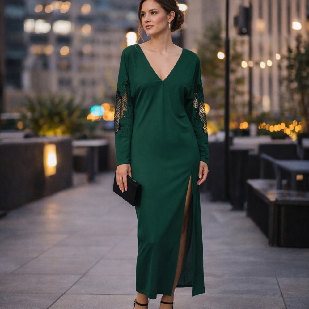 ZARA OPEN CROCHET LACE LONG SLEEVE VAMP MAXI DRESS FOREST GREEN MEDIUM NWT
